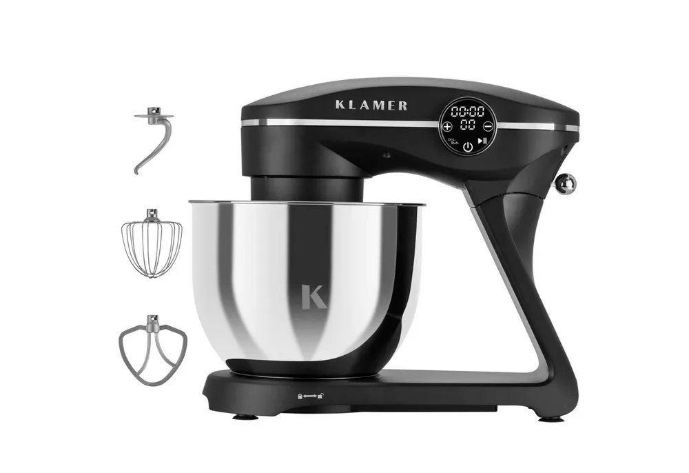 KLAMER Küchenmaschine 1800W, 6L Edelstahl-Schüssel, Knetmaschine mit 10 Geschwindigkeiten & Timer, schwarz, 1800 W, 6 l Schüssel, Spritzschutz, 3 Werkzeuge, Saugfüße, digitales Display, Timer