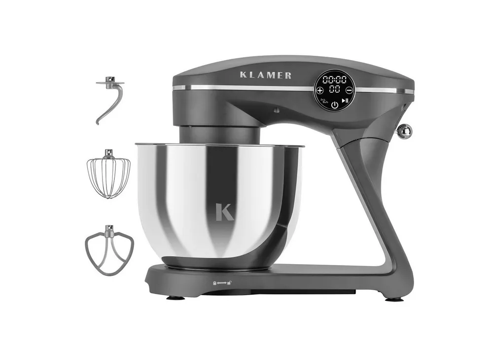 KLAMER Küchenmaschine 1800W, 6L Edelstahl-Schüssel, Knetmaschine mit 10 Geschwindigkeiten & Timer, grau, 1800 W, 6 l Schüssel, Spritzschutz, 3 Werkzeuge, Saugfüße, digitales Display, Timer