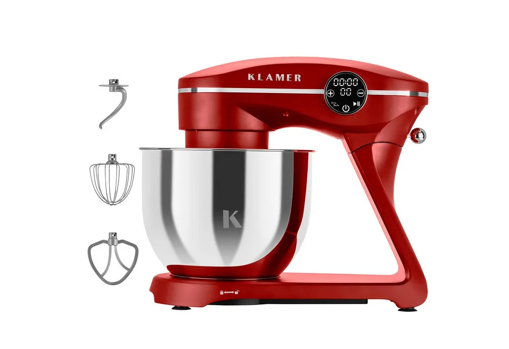 KLAMER Küchenmaschine 1800W, 6L Edelstahl-Schüssel, Knetmaschine mit 10 Geschwindigkeiten & Timer, rot, 1800 W, 6 l Schüssel, Spritzschutz, 3 Werkzeuge, Saugfüße, digitales Display, Timer