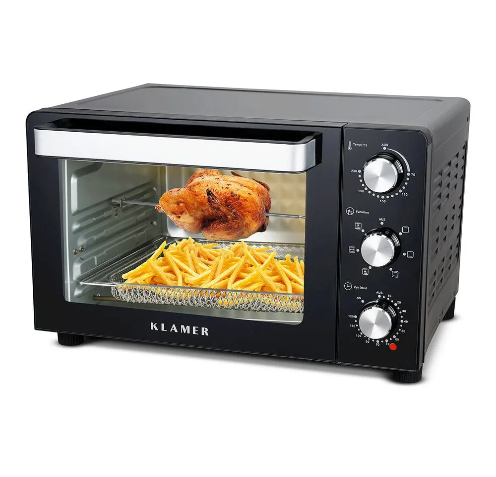 KLAMER Minibackofen mit Umluft (30 Liter), 6 Backfunktionen, 70-230°C, 120 min. Timer, Mi…, 6 Heizarten, Drehspieß inkl., Innenlicht, 3 Einschubhöhen