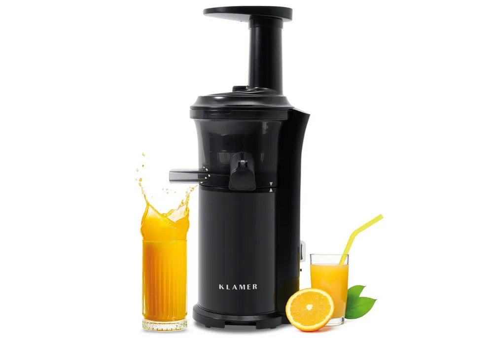 KLAMER Slow Juicer Entsafter mit Rückwärtsgang, elektrische Fruchtpresse mit Bürste und …, 150 W, Max. Saft & Nährstoffe, vielseitig, platzsparend, 2 Behälter