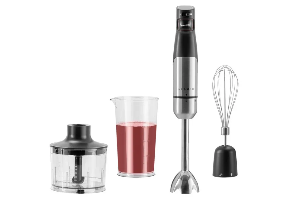 KLAMER Stabmixer Set 1000 Watt, 4 in 1 Pürierstab Edelstahl mit SmartSpeed per Fingerd…, 1000 W, Kindersicher, stufenlos regelbar, Quick-Lock-Turn-System, 4 Klingen