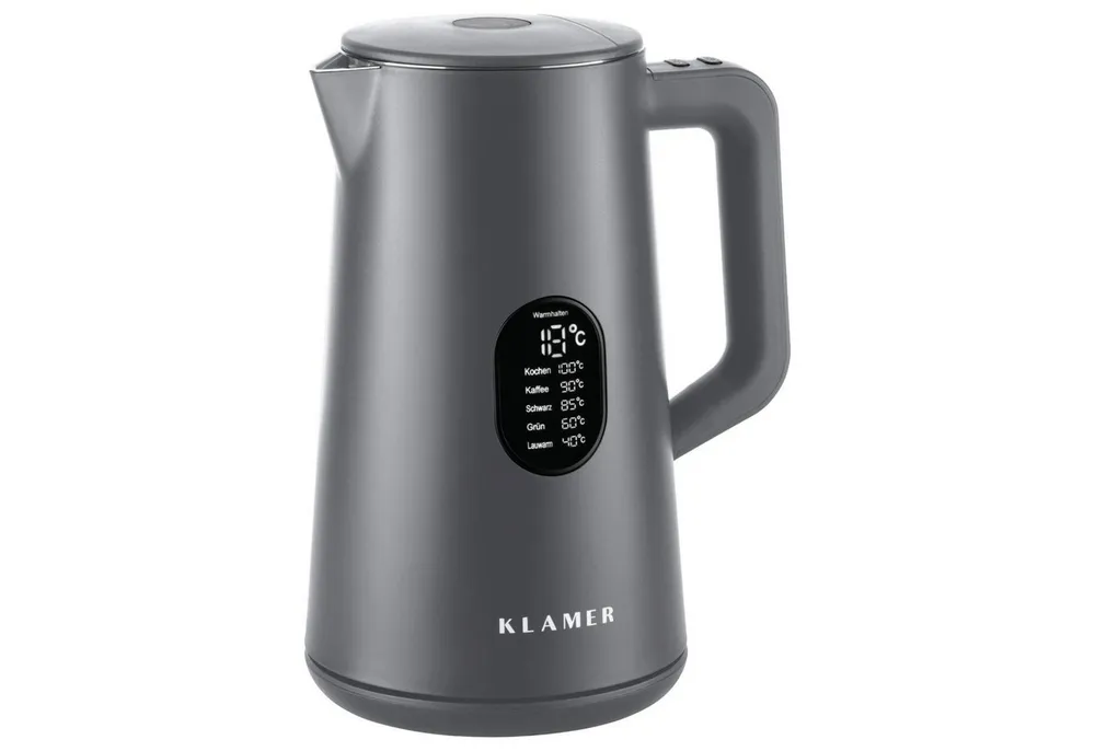 KLAMER Wasserkocher Edelstahl mit Temperatureinstellung 40-100°C, Warmhaltefunktion, matt…, 1,5 l, 1800 W, 1,5L, 5 Temp.-Einst., kalkfrei, BPA-frei, integrierter Auffangsieb