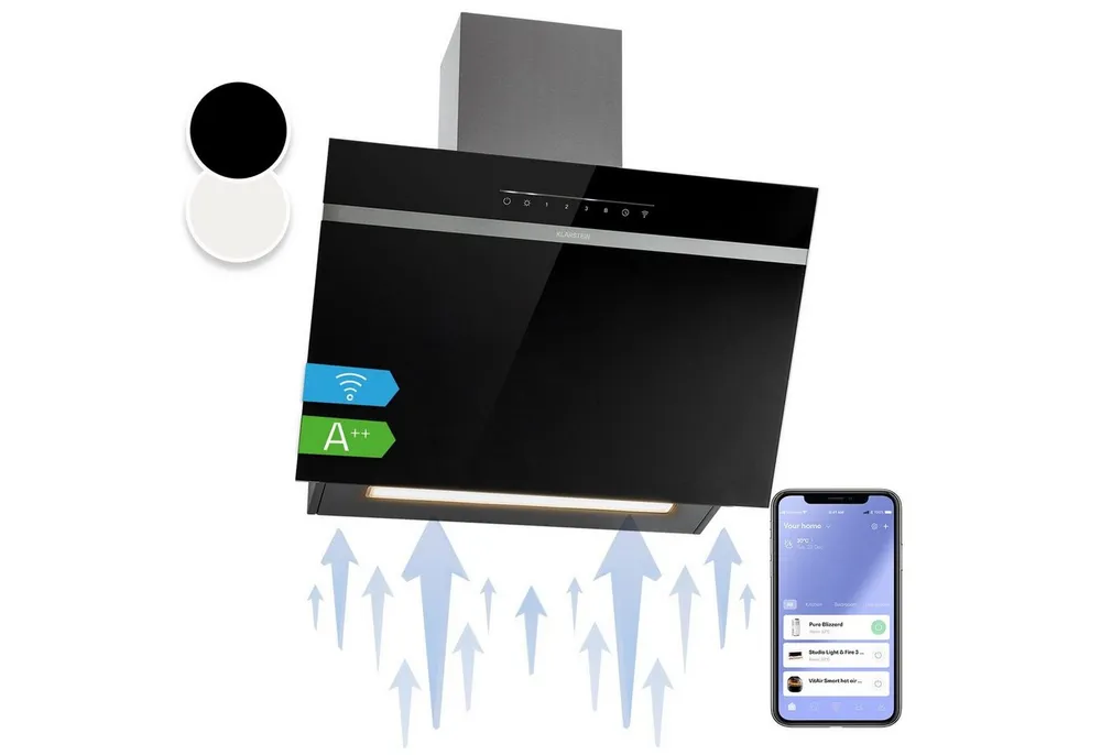 Klarstein Deckenhaube Ava Serie Ava 60 Wandhaube 60 cm 515 m³/h A++ WiFi Touch LED-Helligkeit kopffrei Abzughaube Schornsteinhaube Abluft Umluft mit App & Booster