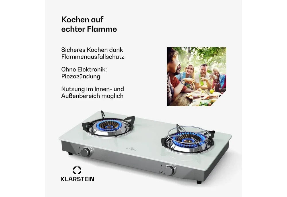 Klarstein Doppelkochplatte Barzona, Gaskocher Dopple Gas Brenner Camping Hob 7700 W