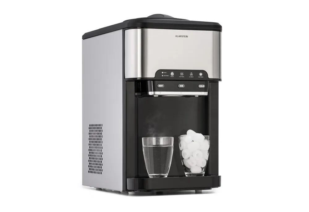 Klarstein Eiswürfelmaschine Aqueous Eiswürfelmaschine 3-in-1 20 kg/24h Eis+Eiswasser+Heißwasser 3L, Eiswürfelbereiter Ice Cube Maker mit Wasserspender & Eisschaufel