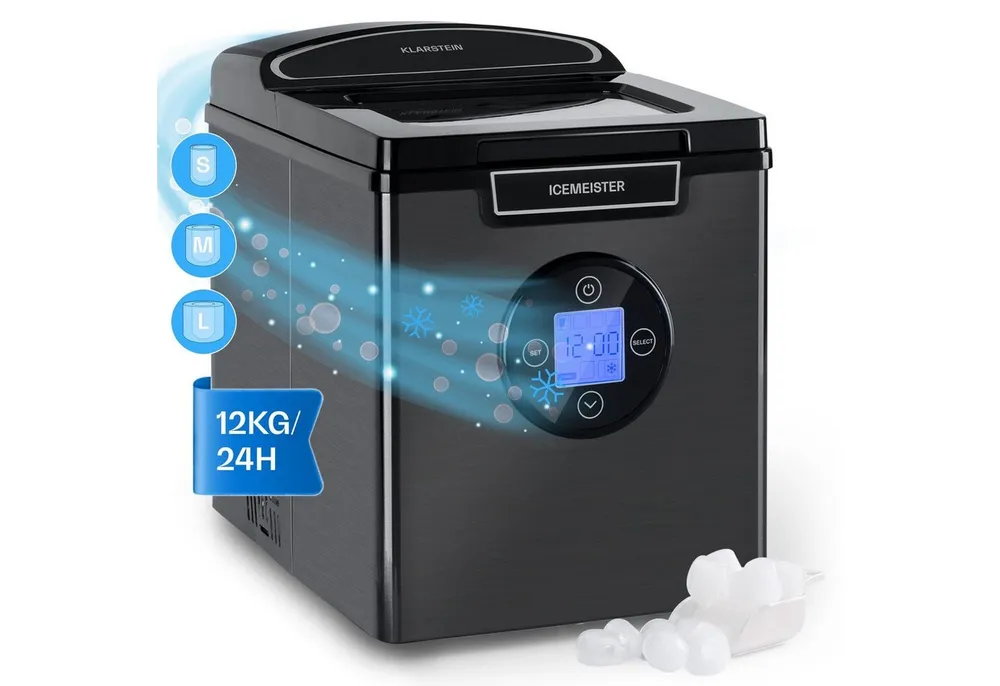 Klarstein Eiswürfelmaschine Icemeister 2G Eiswürfelmaschine 12 kg/24h LCD Edelstahl 3 Größen, Eiswürfelbereiter Ice Cube Maker Ice Maker mit Wassertank & Auto-Stop