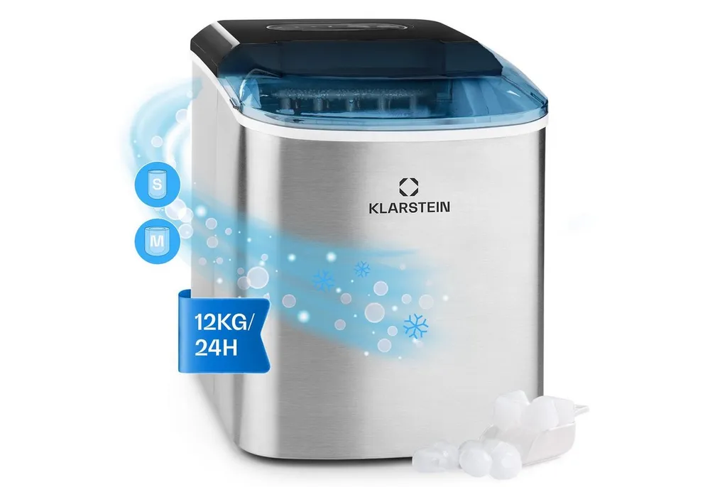Klarstein Eiswürfelmaschine On-The-Rocks Eiswürfelbereiter, Edelstahl Bulleteis für Zuhause 12kg/Tag LED 2,1 L Eiswürfelgerät