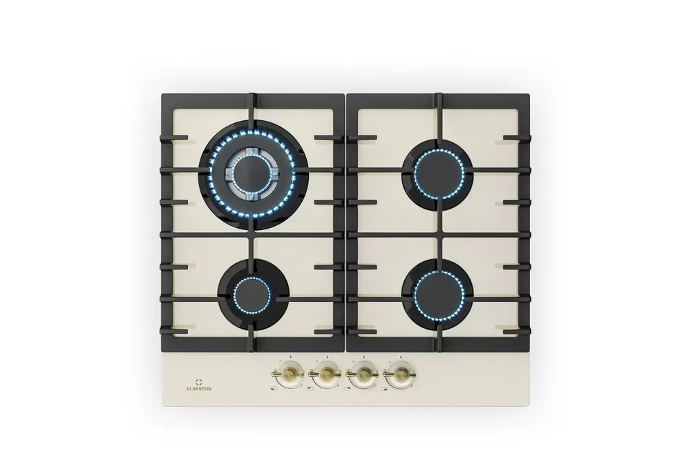 Klarstein Gas-Kochfeld Victoria Gaskochfeld 4 Zonen 4-flammig Gusseisen Glaskeramik Retro, Gasherd 4-flammig Vintage-Optik mit Drehregler & Bronze-Front