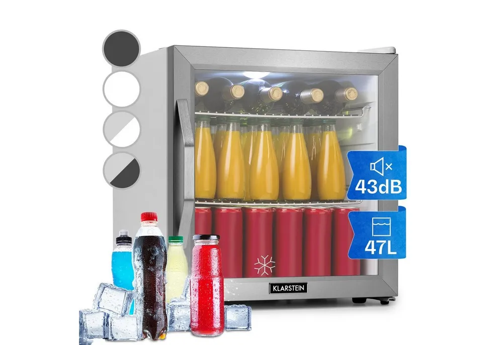 Klarstein Getränkekühlschrank 10033121, 50 cm hoch, 47.5 cm breit, Mini Kühlschrank ohne Gefrierfach klein Getränkekühlschrank Glastür