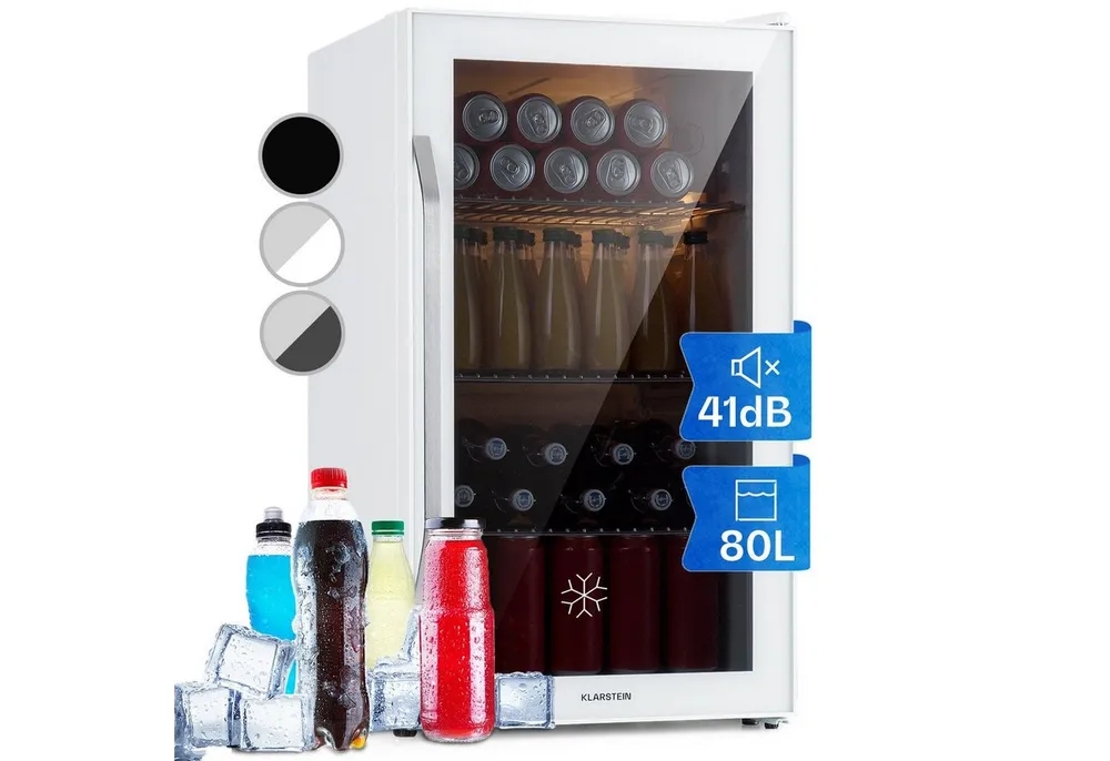 Klarstein Getränkekühlschrank Beersafe XXL Quartz Kühlschrank 80L 3 Böden Panoramaglastür R600a 10039427, 84.5 cm hoch, 47.4 cm breit, Bierkühlschrank Getränkekühlschrank Flaschenkühlschrank mit Glastür