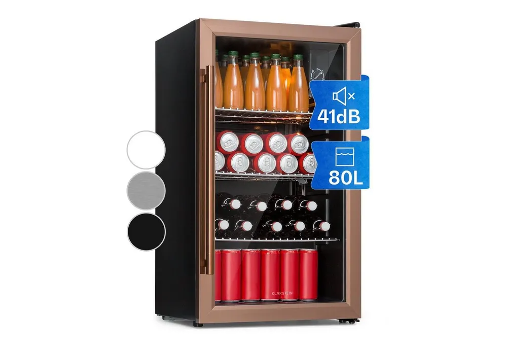 Klarstein Getränkekühlschrank Beersafe XXL Kühlschrank 80L 3 Böden Panoramaglastür Kupferlook LED 10041893, 84.5 cm hoch, 47.4 cm breit, Bierkühlschrank Flaschenkühlschrank Getränkekühlschrank in Kupfer