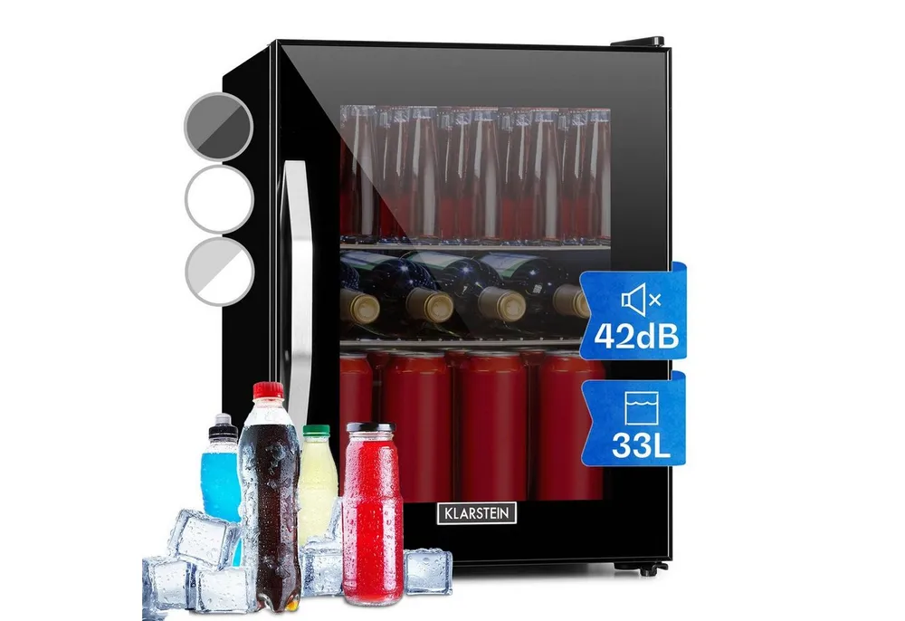 Klarstein Getränkekühlschrank Beersafe M Onyx Getränkekühlschrank 33 L Glastür schwarz 10034847, 55.2 cm hoch, 40.3 cm breit, Mini Kühlschrank ohne Gefrierfach klein Getränkekühlschrank Glastür