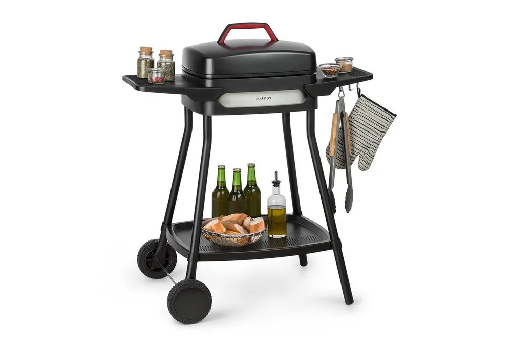 Klarstein Kontaktgrill Gatsby Elektrogrill 2000W Antihaft-Grillplatte mit Seitentischen, 2000 W, große Seitentische, Grillplatte mit Antihaft-Beschichtung