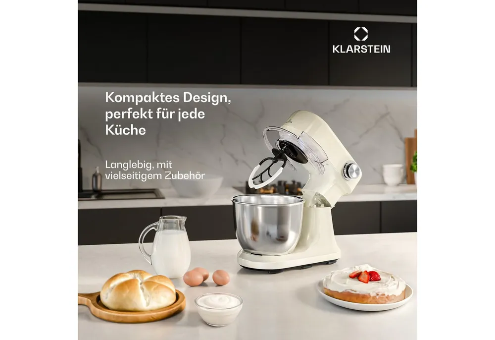 Klarstein Küchenmaschine mit Kochfunktion, 1500 W, 5 l Schüssel, Kompakt Küche maschine 5 L 12 Stufe Pulsfunktion 1500 W Creme