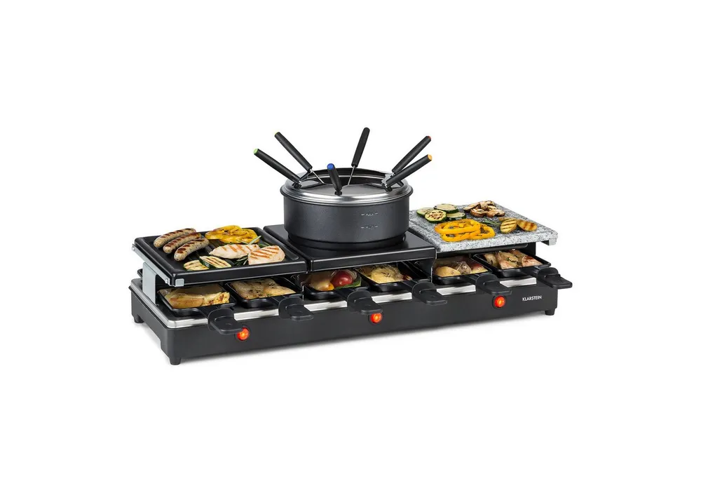 Klarstein Raclette und Fondue-Set Fonduelette XL 3-in-1 Raclette Fondue Naturstein 1650W 12 Personen, Tischgrill Heißer Stein Käseschmelzer mit Pfännchen für Party