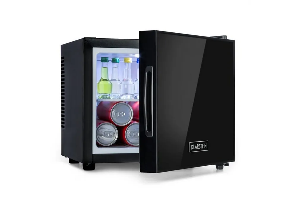 Klarstein Table Top Kühlschrank Frosty Mini-Kühlschrank EEC A Spiegelglastür 10 Liter schwarz 10033836, 30 cm hoch, 33.5 cm breit, Mini Kühlschrank Bierkühlschrank klein Flaschen Getränkekühlschrank
