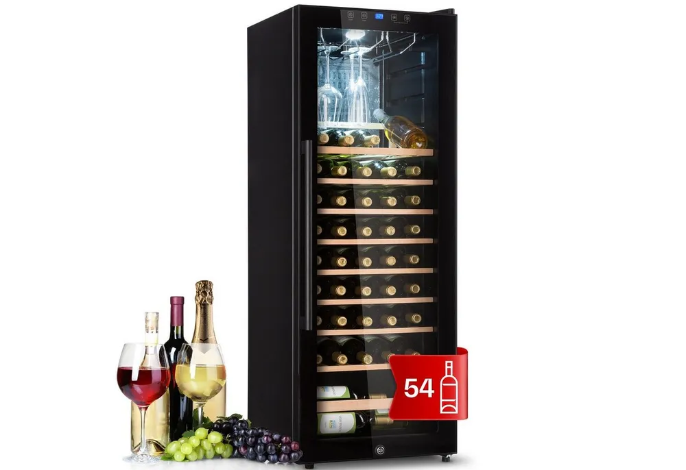 Klarstein Weinkühlschrank Barossa 54 Uno Weinkühlschrank 155 L 54 Flaschen Glastür Touch LED, für 54 Standardflaschen á 0,75l,Wein Flaschenkühlschrank Weintemperierschrank Weinschrank Kühlschrank