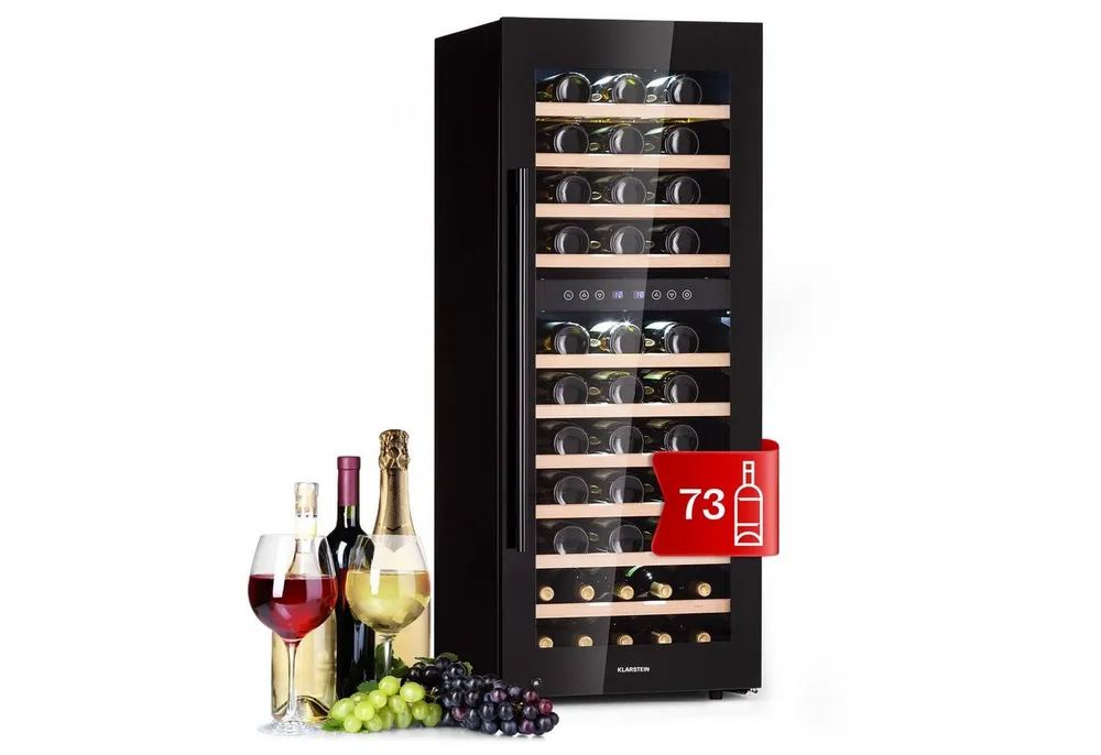 Klarstein Weinkühlschrank Barossa 73 Duo Weinkühlschrank 2 Zonen 73 Fl 192L 5-18°C Touch LCD, für 73 Standardflaschen á 0,75l,Flaschenkühlschrank Weintemperierschrank Weinschrank UV-Schutz Holz