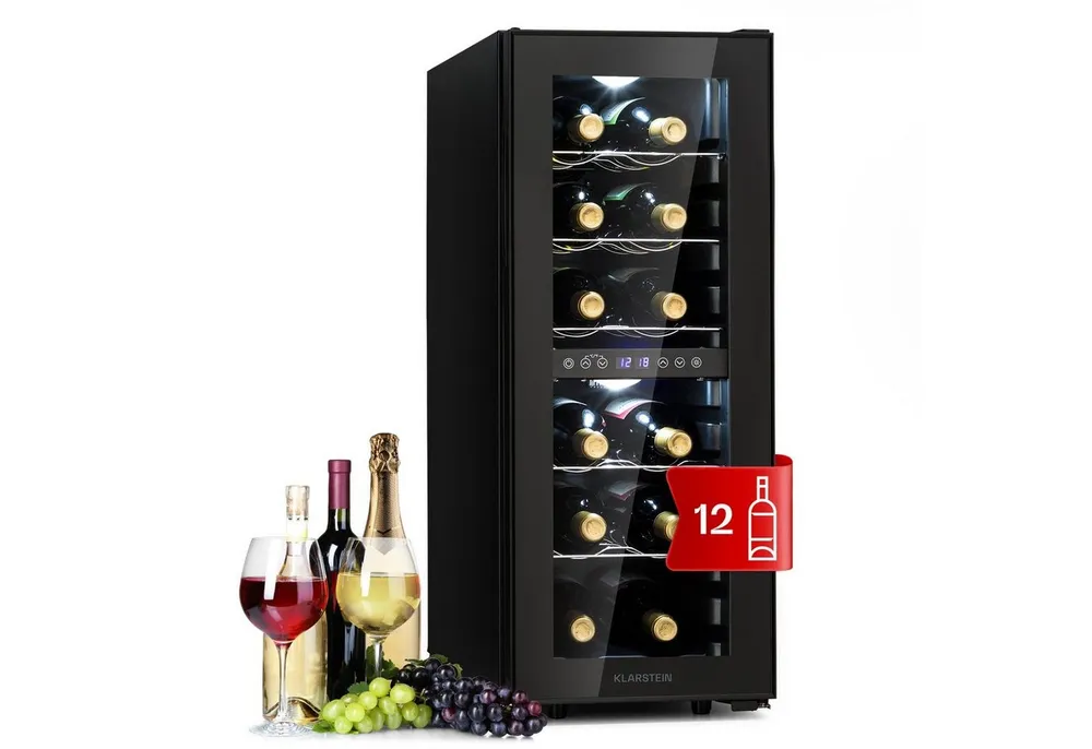 Klarstein Weinkühlschrank Shiraz 12 Duo Weinkühlschrank 2 Zonen 12 Fl 42L 5-12/12-18°C Touch, für 12 Standardflaschen á 0,75l,Flaschenkühlschrank Weintemperierschrank Weinschrank für Rot- & Weiß