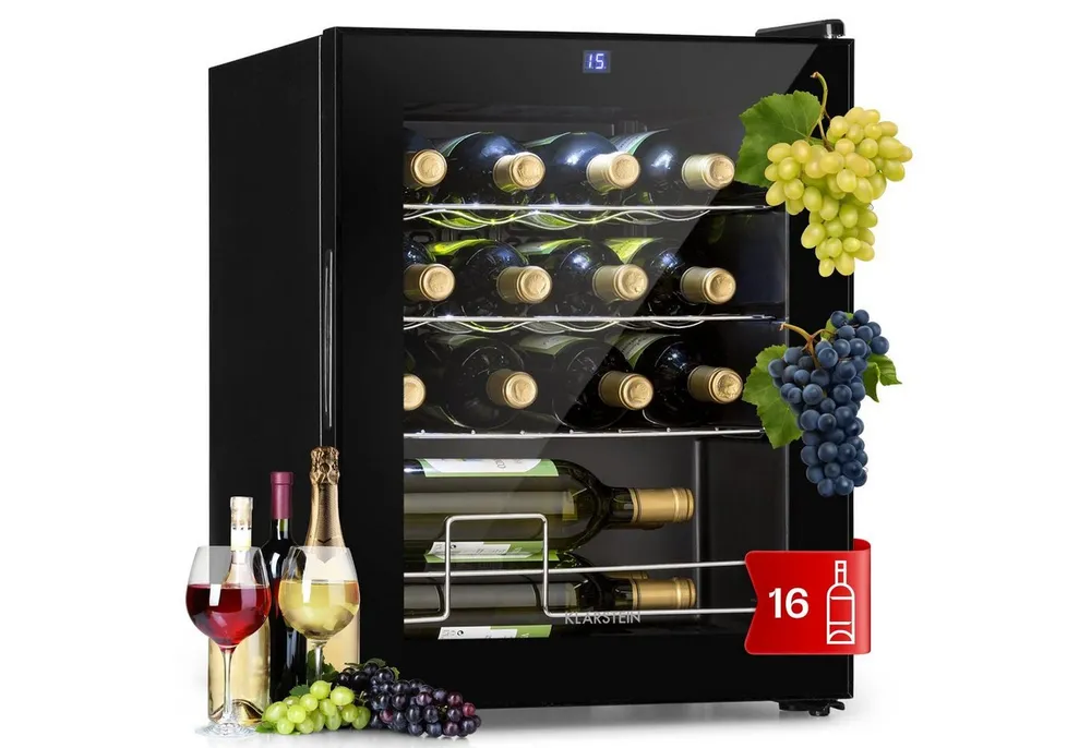 Klarstein Weinkühlschrank Shiraz 16 Uno Weinkühlschrank 16 Fl 42L 5-18°C 131W Touch LCD 41 dB, für 16 Standardflaschen á 0,75l,Wein Flaschenkühlschrank Weintemperierschrank Weinschrank Kühlschrank