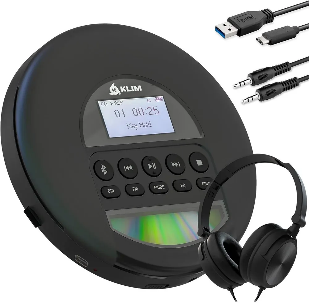 KLIM Nomad tragbarer CD-Player (Bluetooth, Discman mit On-Ear Kopfhörer, Ideal für Autos, MP3)