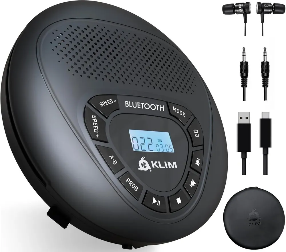 KLIM Speaker tragbarer CD-Player (Discman mit Kopfhörer, ideal fürs Auto, AUX, mit Lautsprecher)