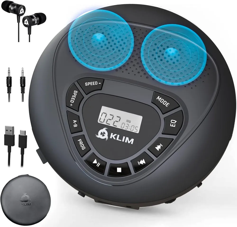 KLIM Speaker tragbarer CD-Player (Discman mit Kopfhörer, ideal fürs Auto, AUX, mit Lautsprecher)