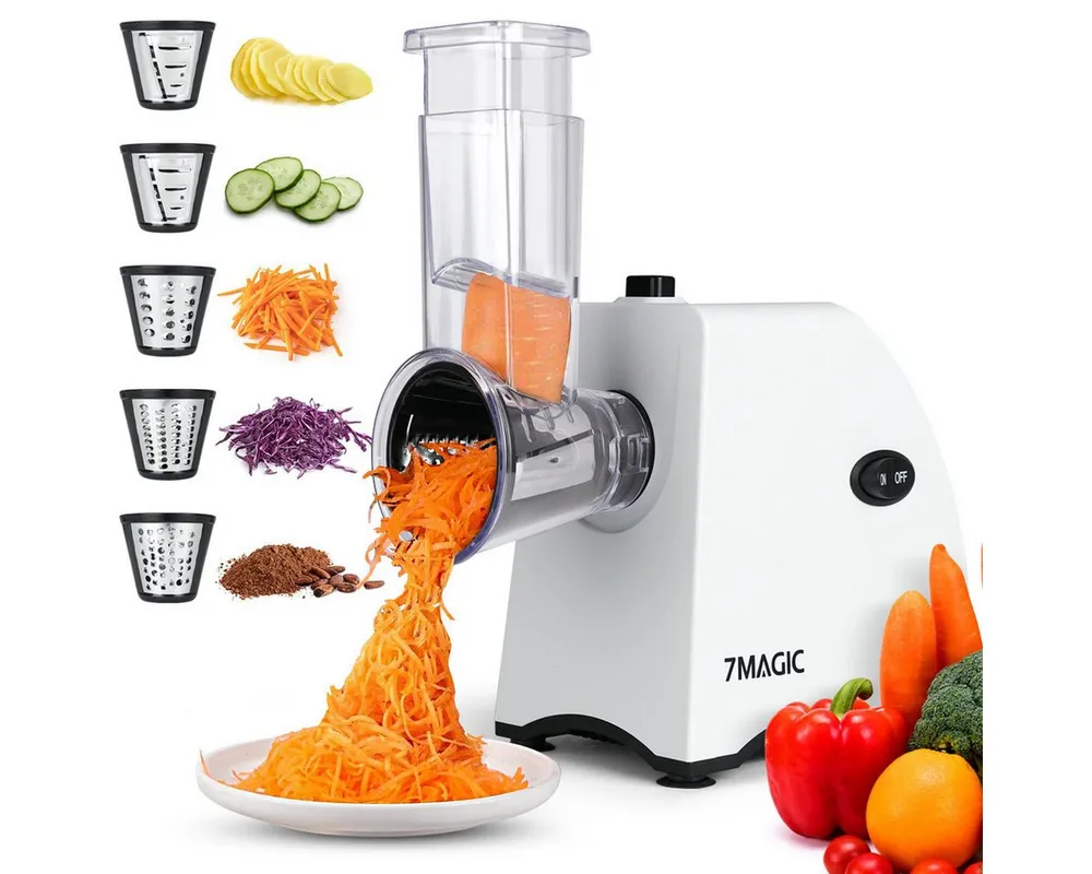 KNKA PRO Gemüseschneider Elektrischer Gemüsehobel, Obst- und Gemüsereibe, Multifunktionsreibe, 250 W, 5 Edelstahleinsätze, abnehmbar, leicht zu reinigen, für Obst & Gemüse