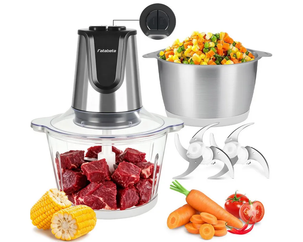 KNKA PRO Zerkleinerer Elektrischer Multizerkleinerer mit 2×2 L Glas- & Edelstahlschüsseln, 500 W, Fleischwolf 2 Messer, 2 Geschwindigkeitsstufen für Fleisch, Gemüse