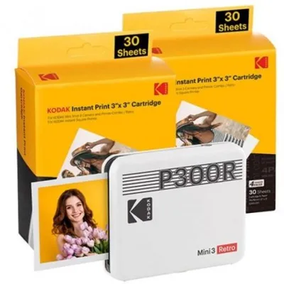 Tragbarer Kodak Mini 3 Retro-Fotodrucker / Fotogröße 76,2 x 76,2 mm / Inklusive 2x Fotopapier / Weiß