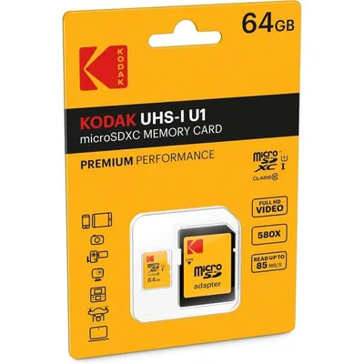 Kodak Premium Performance MicroSDXC-Speicherkarte, 64 GB, Klasse 10, mit Adapter