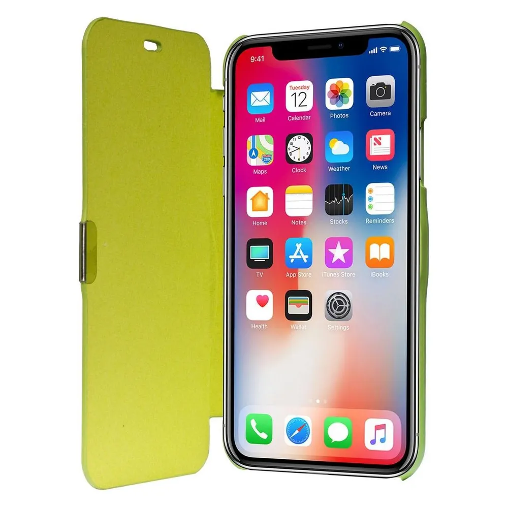 König Design Flip Cover Schutzhülle Slim Case Handyhülle Bookstyle für Apple iPhone X Grün