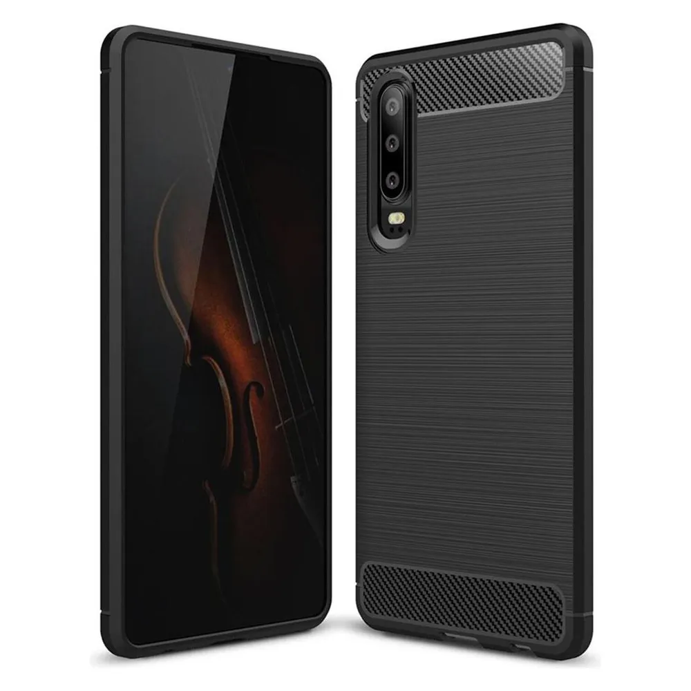 König Design Huawei P30 TPU Handy Case Carbon Fiber Brushed Schutz Hülle Bumper Etuis Schwarz