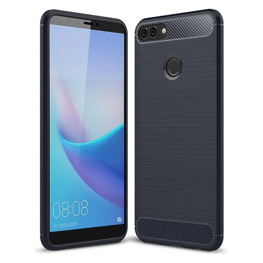 König Design Huawei Y9 2018 Case Carbon Fiber Optik Brushed Schutz Hülle Cover Bumper Blau (Huawei Y9 (2018))