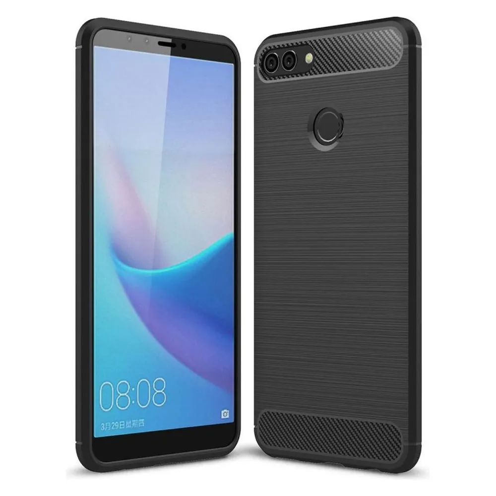 König Design Huawei Y9 2018 TPU Case Carbon Fiber Optik Brushed Schutz Hülle Cover Schwarz (Huawei Y9 (2018))