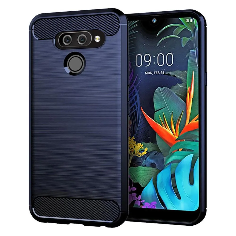 König Design Hülle Handy Schutz für LG K50 Case Cover Bumper Carbon Optik Etuis Rahmen Blau