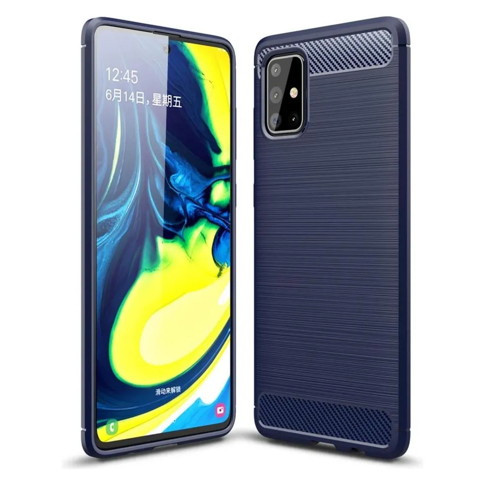 König Design Hülle Handy Schutz für Samsung Galaxy A71 Case Cover Bumper Carbon Optik Blau