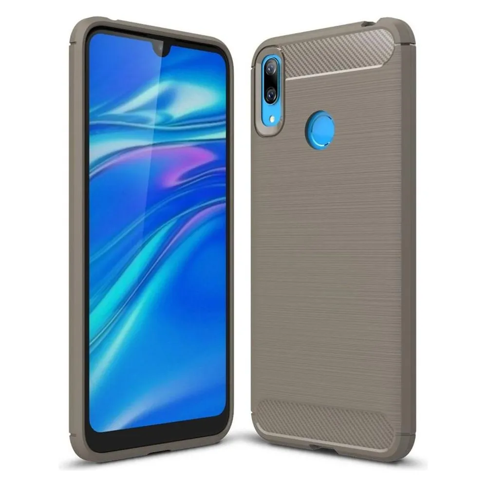 König Design Hülle Handy Schutz für Huawei Y7 (2019) Case Cover Bumper Carbon Optik TPU Grau (Huawei Y7 (2019))