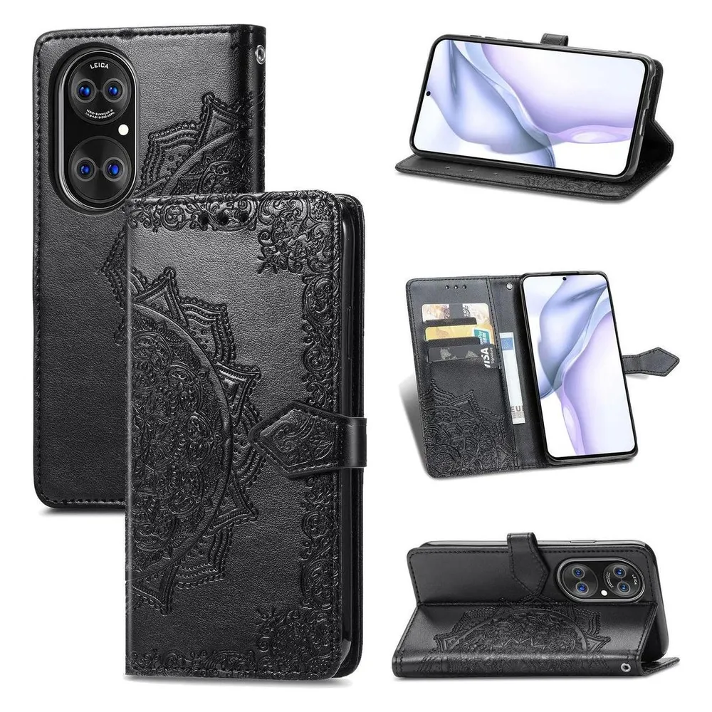 König Design Hülle Handy Schutz für Huawei P50 Case Flip Cover Tasche Etuis Bumper Schwarz (Huawei P50)