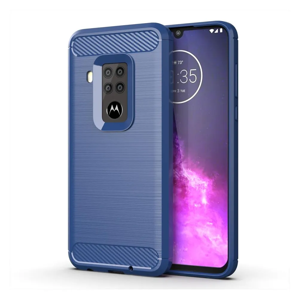 König Design Hülle Handy Schutz für Motorola One Zoom Case Cover Bumper Carbon Optik Blau