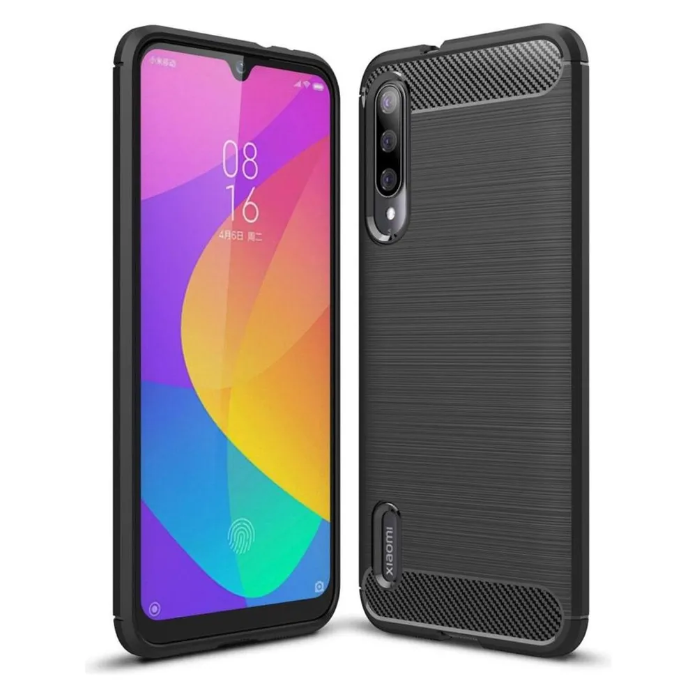 König Design Hülle Handy Schutz für Xiaomi Mi A3 Case Cover Bumper Carbon Optik Etui TPU Grau