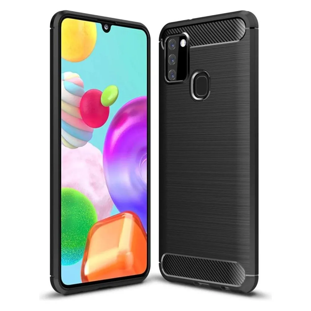 König Design Hülle Handy Schutz für Samsung Galaxy A21s Case Cover Bumper Carbon Etui Schwarz