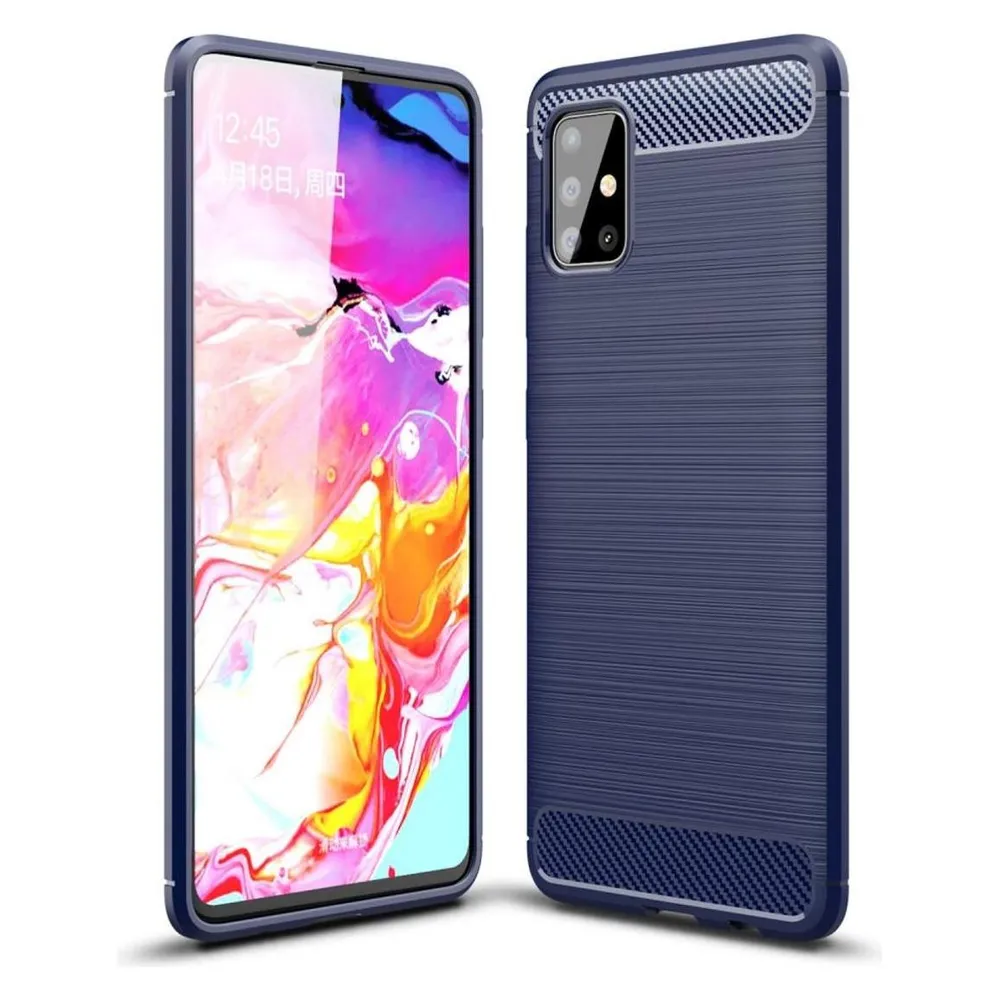 König Design Hülle Handy Schutz für Samsung Galaxy A51 Case Cover Bumper Carbon Optik Blau