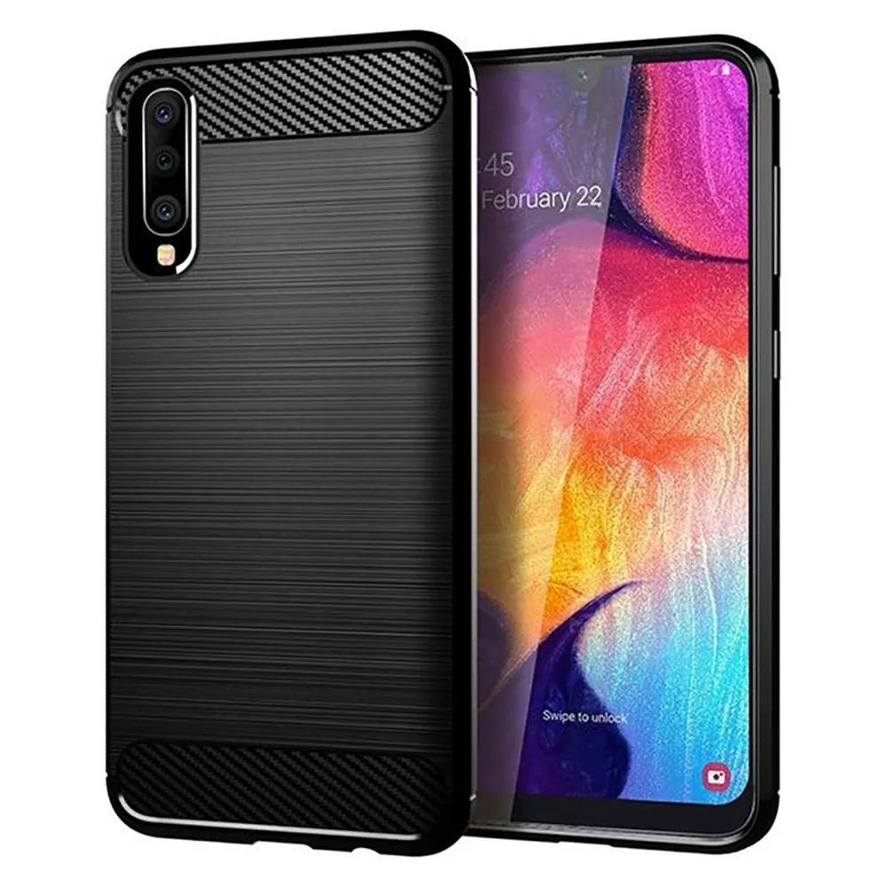 König Design Hülle Handy Schutz für Samsung Galaxy A50 Case Cover Bumper Carbon Optik Schwarz