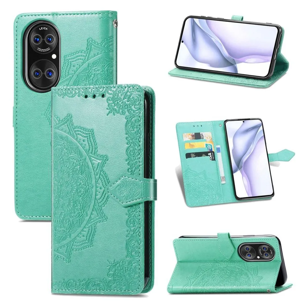 König Design Hülle Handy Schutz für Huawei P50 Case Flip Cover Tasche Etuis Bumper Grün Neu (Huawei P50)