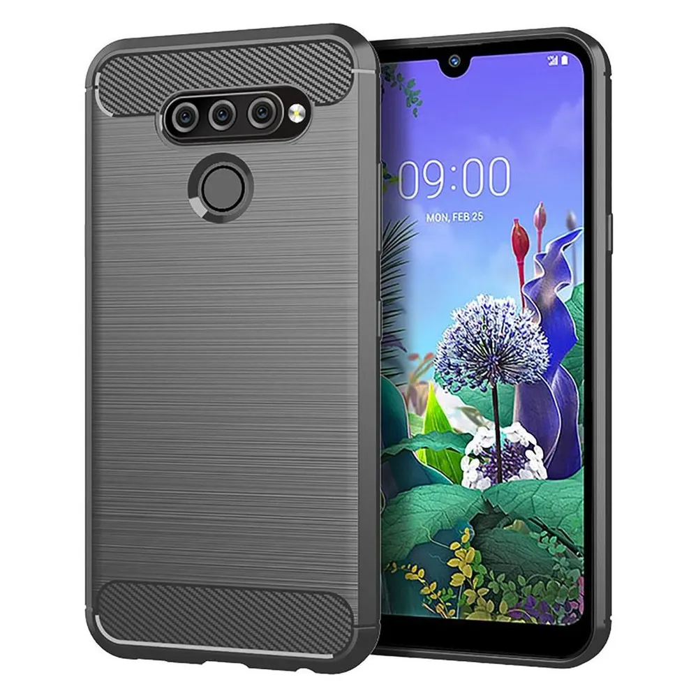 König Design Hülle Handy Schutz für LG Q60 Case Cover Bumper Carbon Optik Etuis Rahmen Grau