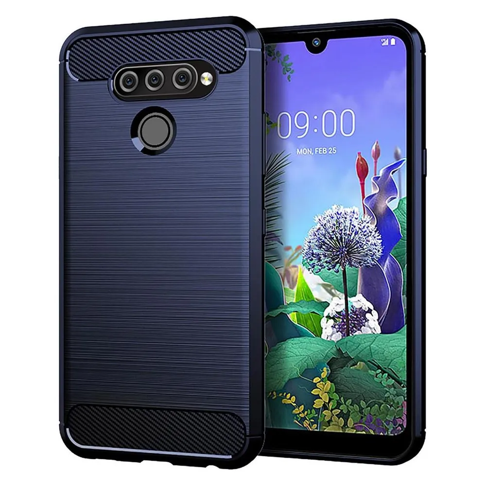 König Design Hülle Handy Schutz für LG Q60 Case Cover Bumper Carbon Optik Etuis Rahmen Blau