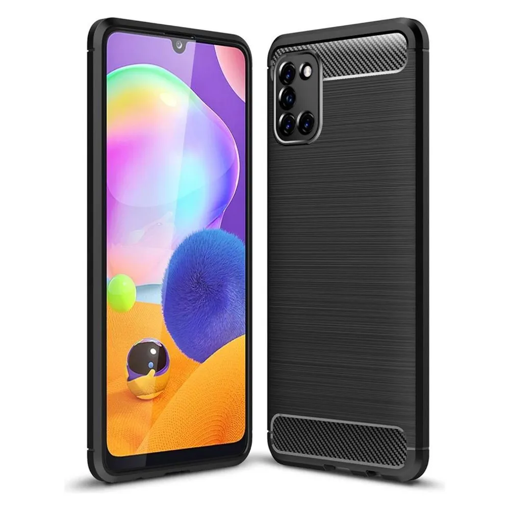 König Design Hülle Handy Schutz für Samsung Galaxy A31 Case Cover Bumper Carbon Optik Grau