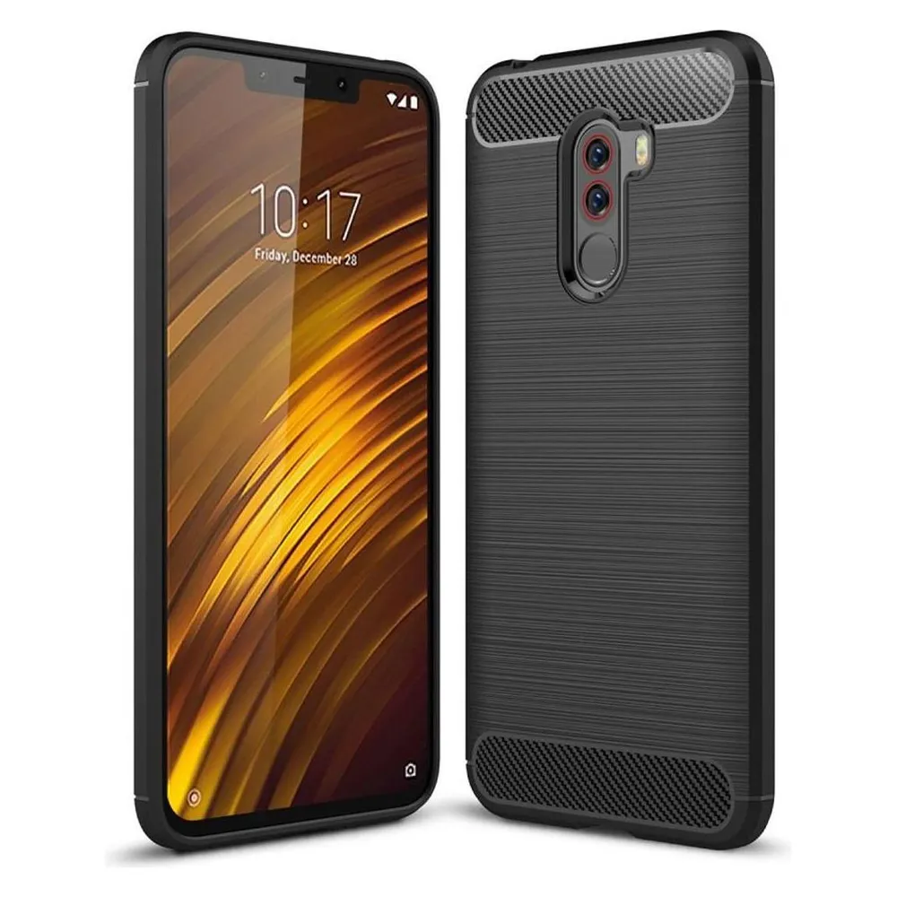 König Design Hülle Handy Schutz für Xiaomi Pocophone F1 Case Cover Bumper Carbon Etui Schwarz